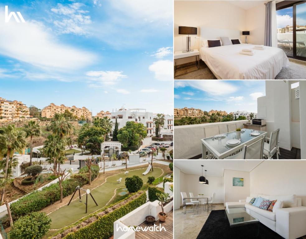 een collage van foto's van een hotelkamer met uitzicht bij Moderno apartamento de dos dormitorios al lado del Golf in Estepona