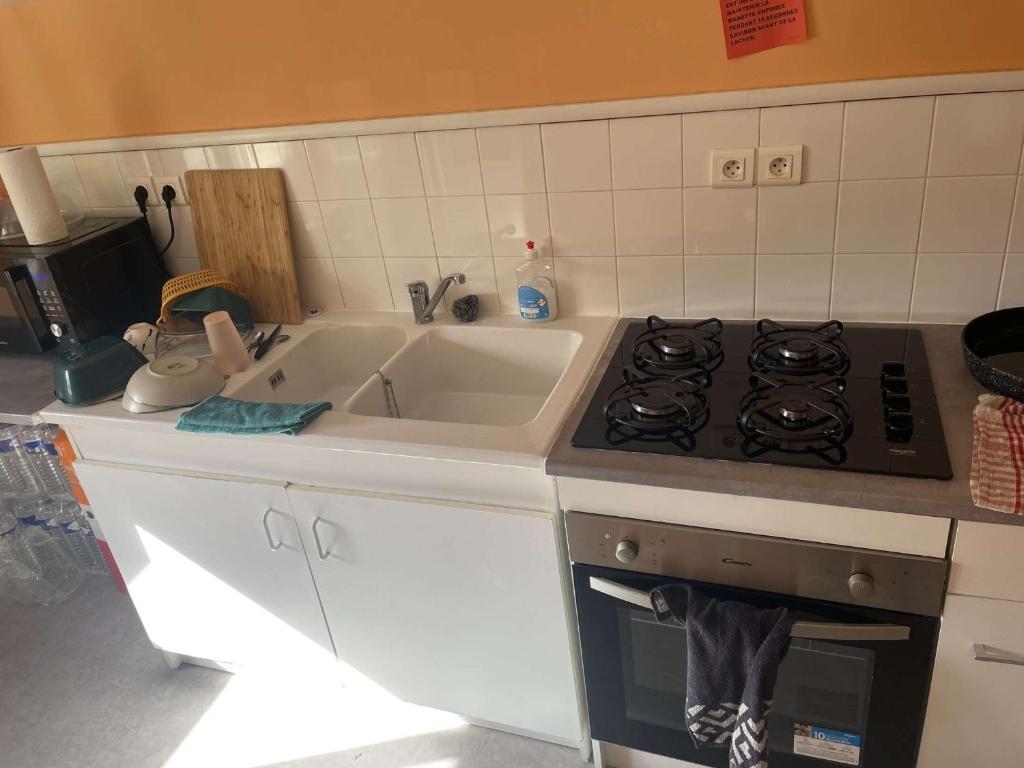 une cuisine avec une cuisinière et un évier dans l'établissement Chez Joel Home, à Bergerac