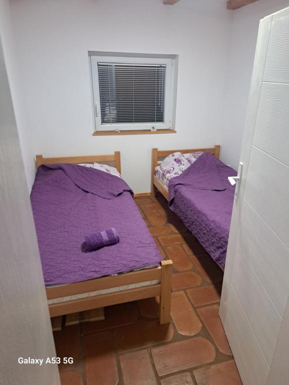2 camas en una habitación con sábanas moradas en Etno selo EKO POGLEDI en Požega