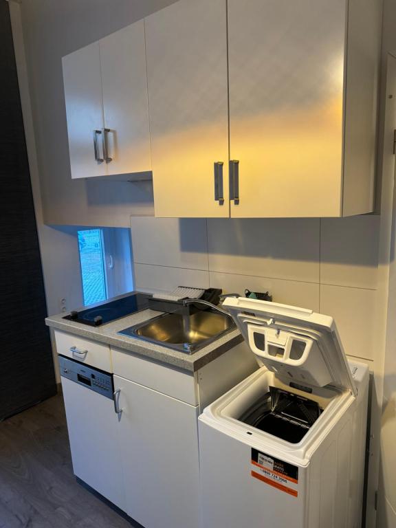 eine Küche mit einem Waschbecken und weißen Schränken in der Unterkunft Gemütliches Appartement "Emma" in Halle in Rusches Hof