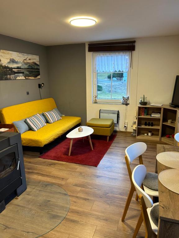 ein Wohnzimmer mit einem gelben Sofa und einem Tisch in der Unterkunft APARTMENT OWL in Kořenov