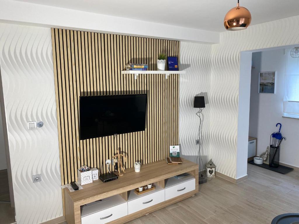 a living room with a television on a striped wall at AQUA - TUHELJ - LAND in Tuheljske Toplice