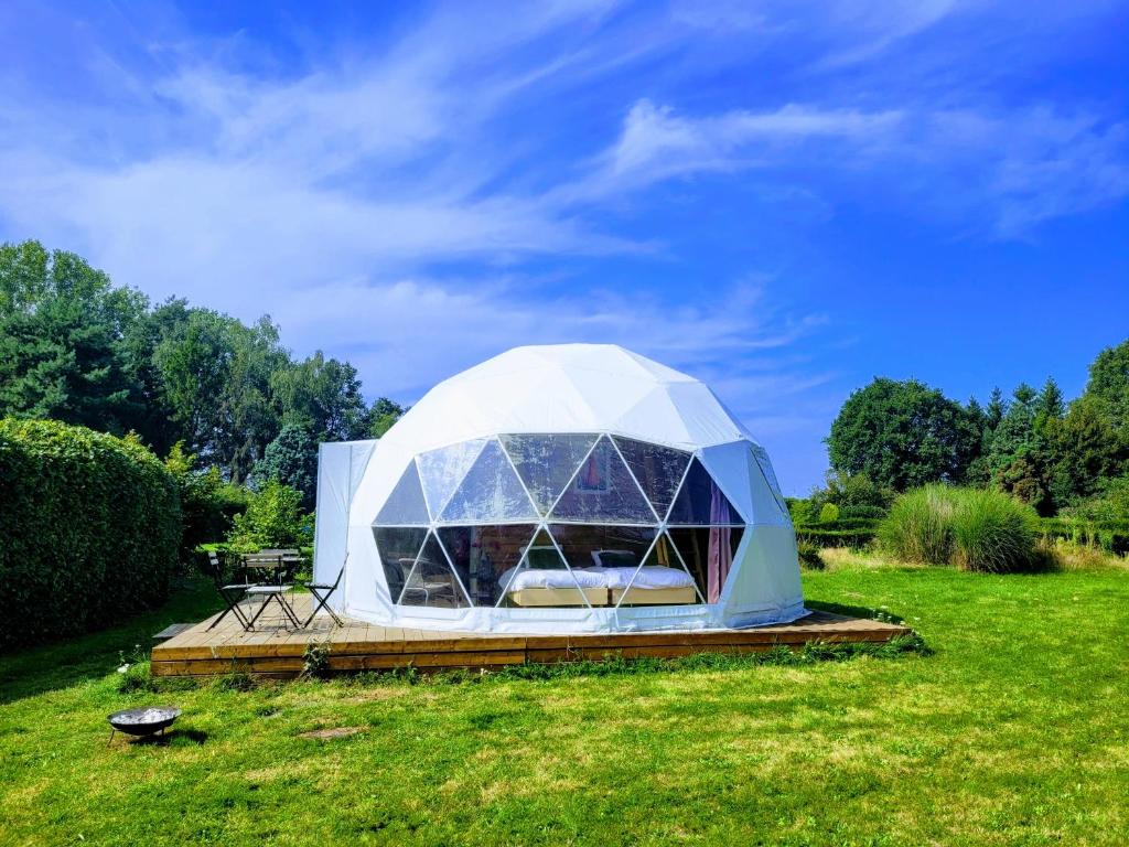 een grote glazen koepel in een grasveld bij Parkhoeve Glamping in Ham