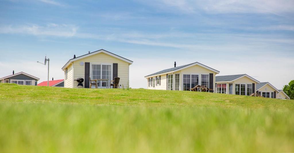 a row of houses on top of a grassy hill at Ostsee Mobilheime Heideby in Waabs