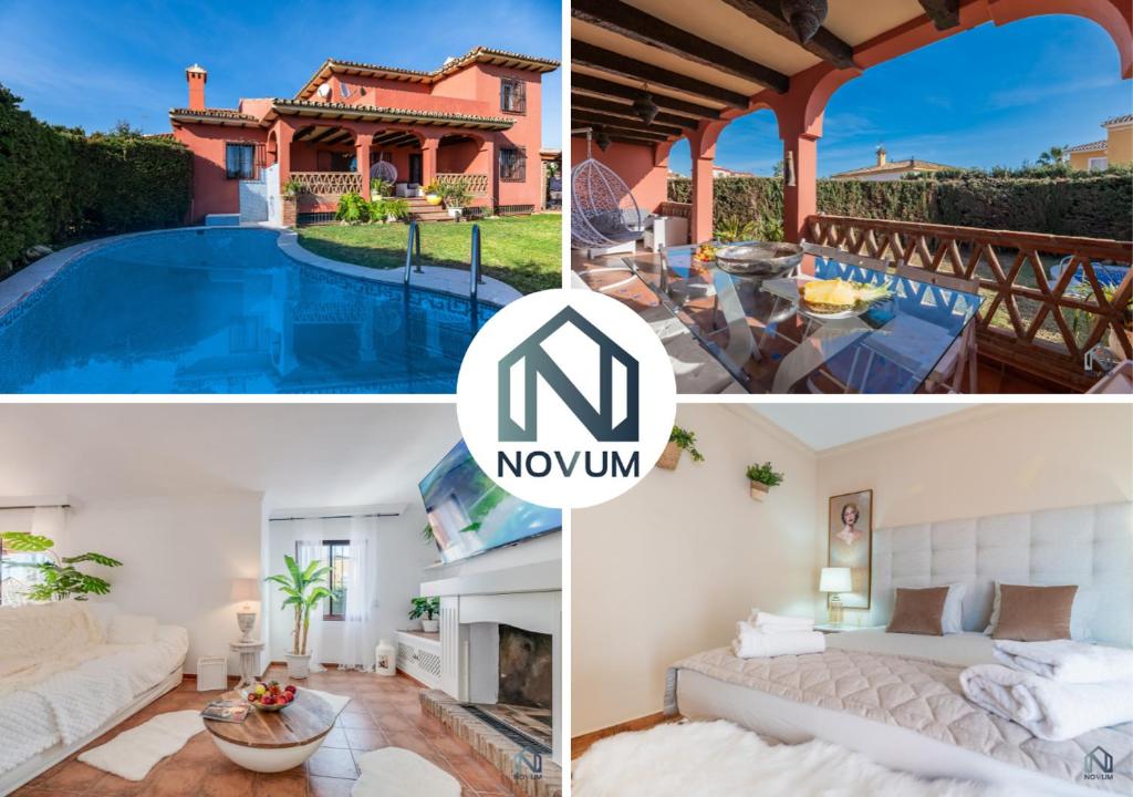 un collage de fotos de una casa con piscina en Classic 5 BDRM Andalucian Villa w Pool & Sea View, en Marbella