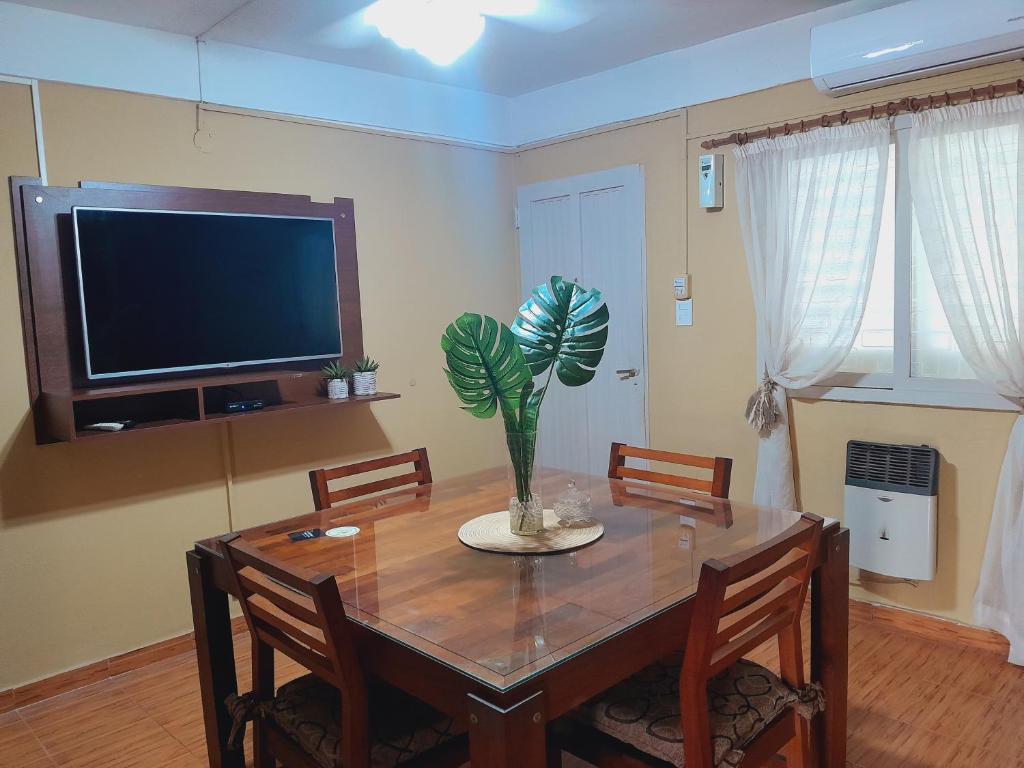 un comedor con una mesa con una planta en Villa Lainez en Villa Mercedes