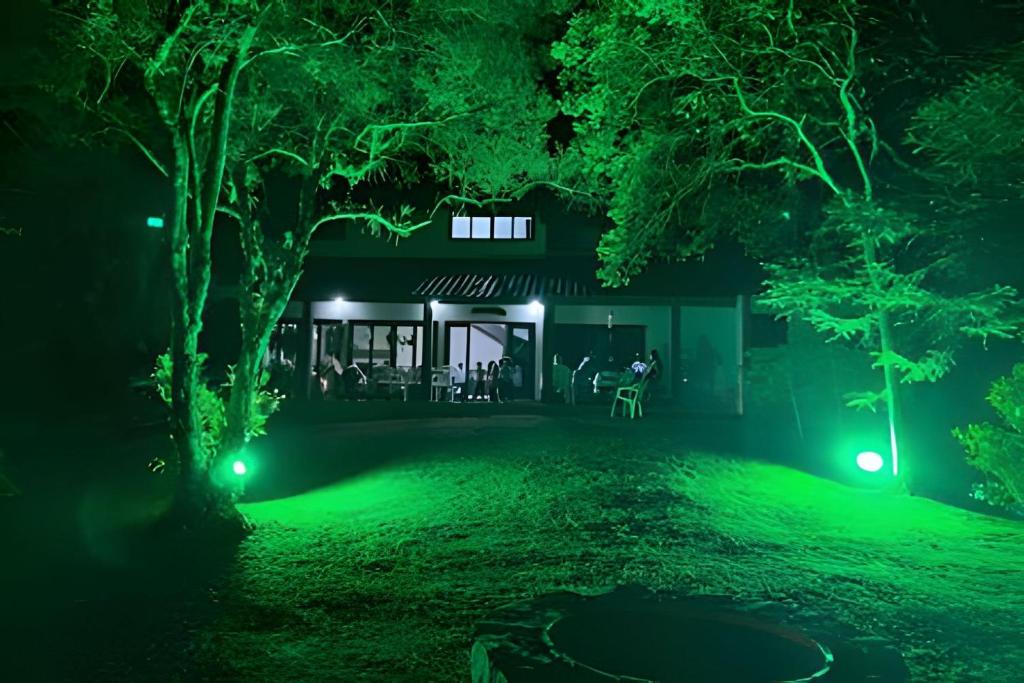 a house lit up at night with green lights at CURTA! | Casa dos Pássaros - Campo Alegre in Campo Alegre
