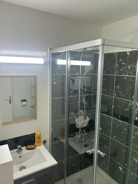 a bathroom with a shower and a sink and a mirror at Studio Cosy Anse Mitan Trois Ilets in Les Trois-Îlets