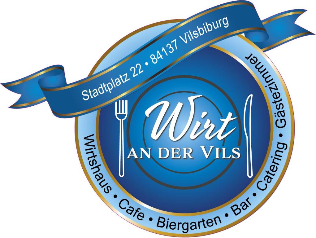 un logo pour un restaurant avec un ruban bleu dans l'établissement Wirt an der Vils, à Vilsbiburg