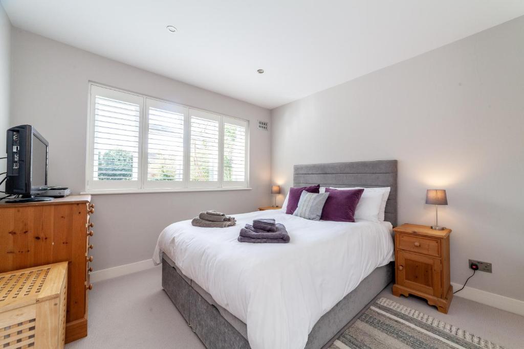 1 dormitorio con 1 cama grande y TV en Garden Flat short walk to Kingston & Richmond Park, en Strawberry Hill