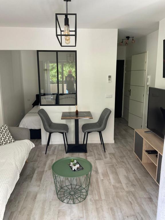 een woonkamer met een bed en een tafel en stoelen bij Studio coin nuit terrasse parking Clim in Nice