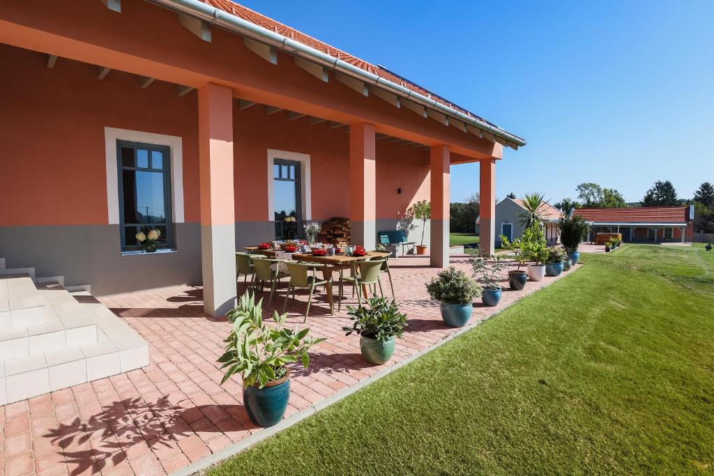 a patio of a house with a table and potted plants at VILLA TOURI - Touri Alpesi Birtok in Bozsok