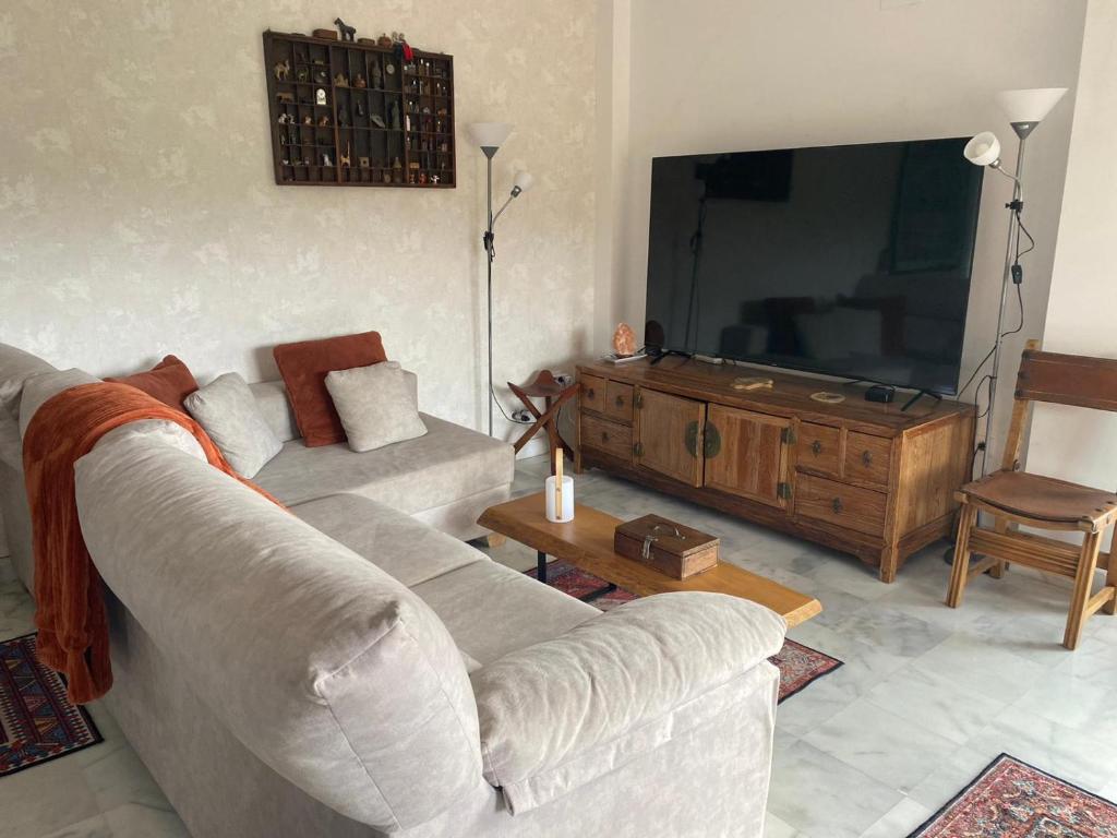 uma sala de estar com um sofá e uma televisão de ecrã plano em Hidden Gem Bed& Breakfast Estepona Hills em Estepona