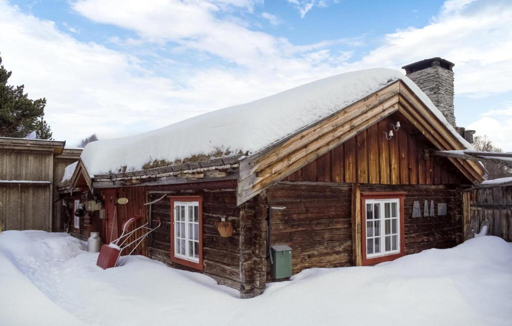 a log cabin with snow on the roof at Pet Friendly Home In Rros With Kitchen in Røros
