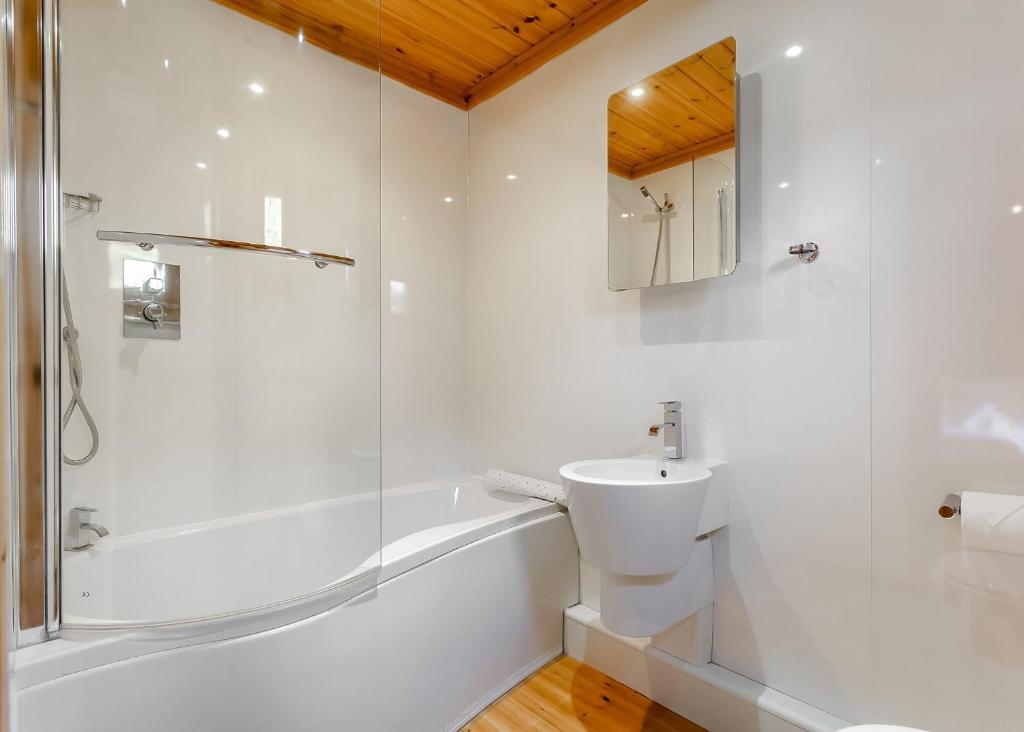 a bathroom with a shower and a toilet and a sink at Wildside Highland Lodges in Whitebridge