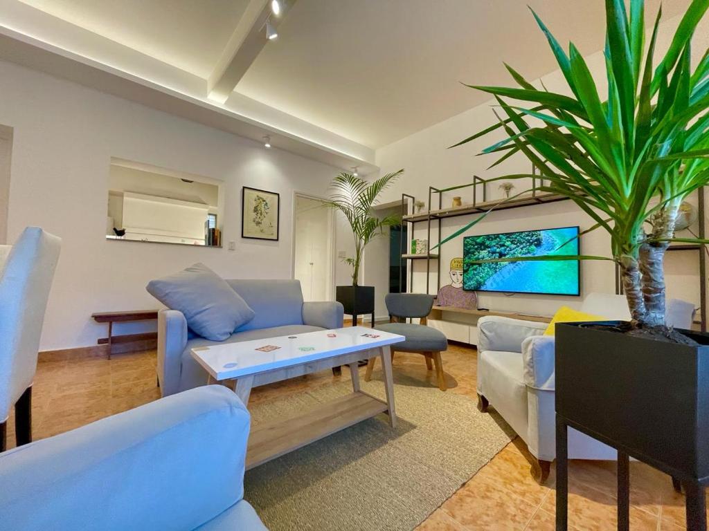 een woonkamer met blauwe meubels en een palmboom bij Patagonia Apartment in Trelew