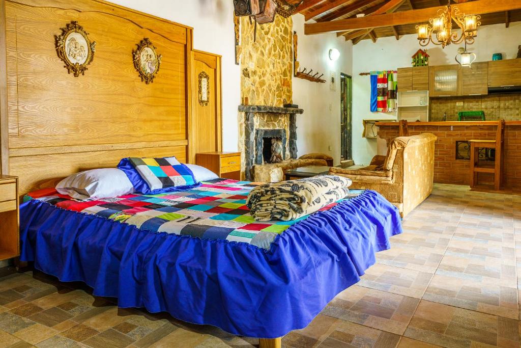 1 dormitorio con 1 cama en una habitación con chimenea en CIUDADELA EL ARTESANO, en Carolina del Principe