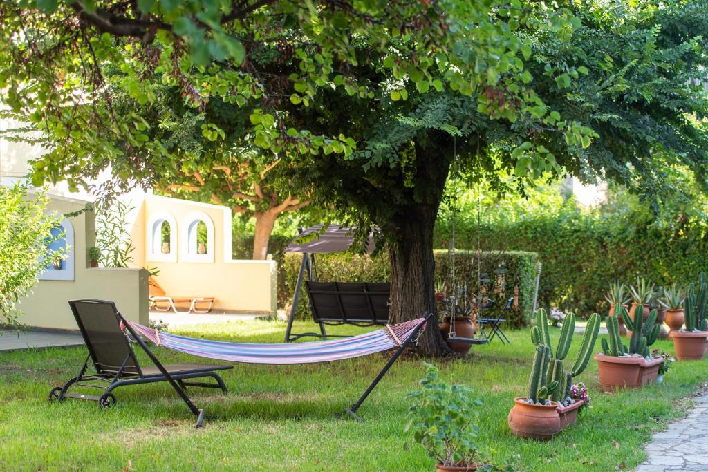 una hamaca sentada bajo un árbol en un patio en Amarylis Apartments, en Elaión