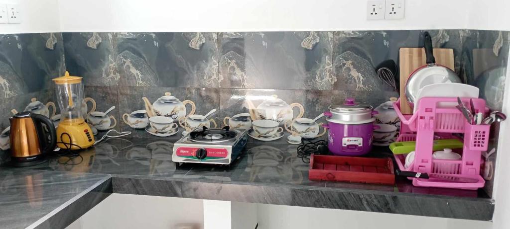 Příslušenství pro přípravu čaje a kávy v ubytování Quiet Place villa with kitchen