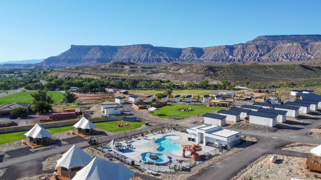an aerial view of a resort with mountains in the background at Zion Wildflower in Virgin