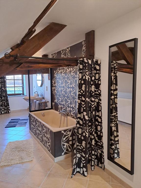 a bathroom with a tub in a room at La Chavoche in La Chapelle-de-Bragny