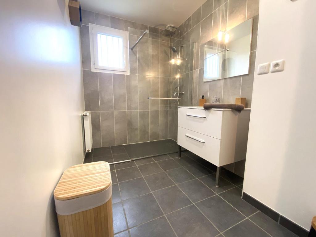 a bathroom with a shower and a toilet and a sink at La belle des champs in Luzillé