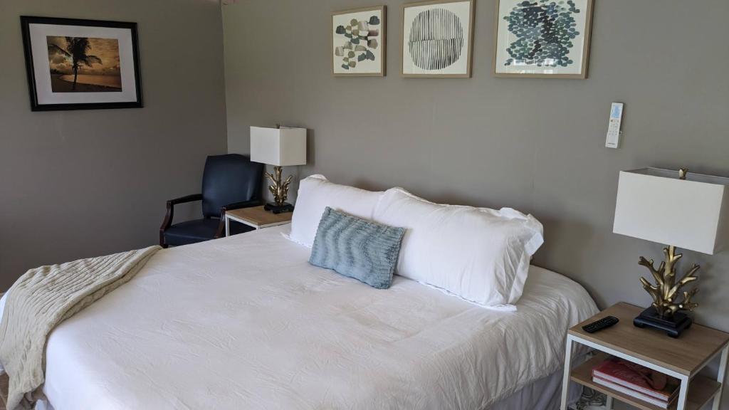 1 dormitorio con cama blanca y almohada azul en Cozy B- condo in charming Corpus Christi with WiFi, AC near Laguna Madre, en Corpus Christi