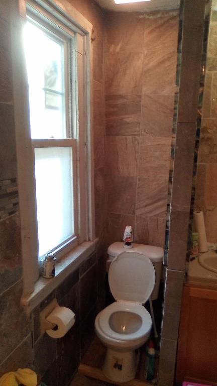 a bathroom with a toilet and a window at Peaceful Mountain Home in West Homestead