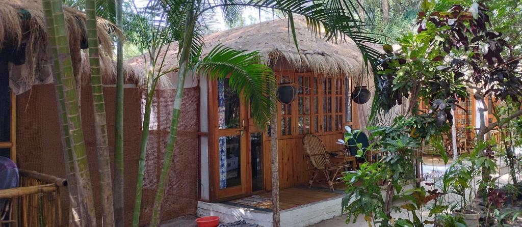 an outside view of a house with a palm tree at Ruban Yoga Eco Resort Palolem in Palolem