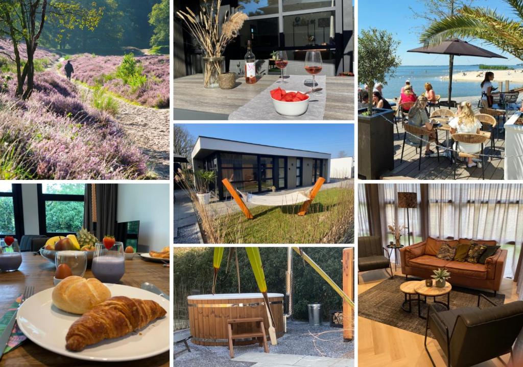 un collage de fotos que muestran diferentes tipos de muebles y comida en Luxe 4- persoons Veluwelodge met hottub in Ermelo! en Ermelo