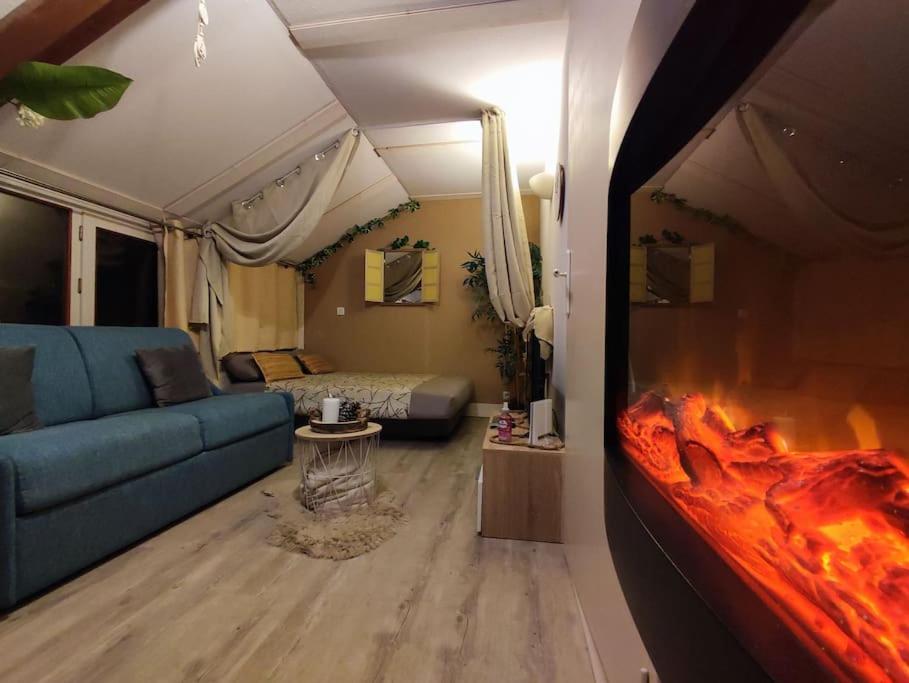 a living room with a couch and a fire place at Le Cosy Fleuri, vue sur la montagne avec velux in Ustou