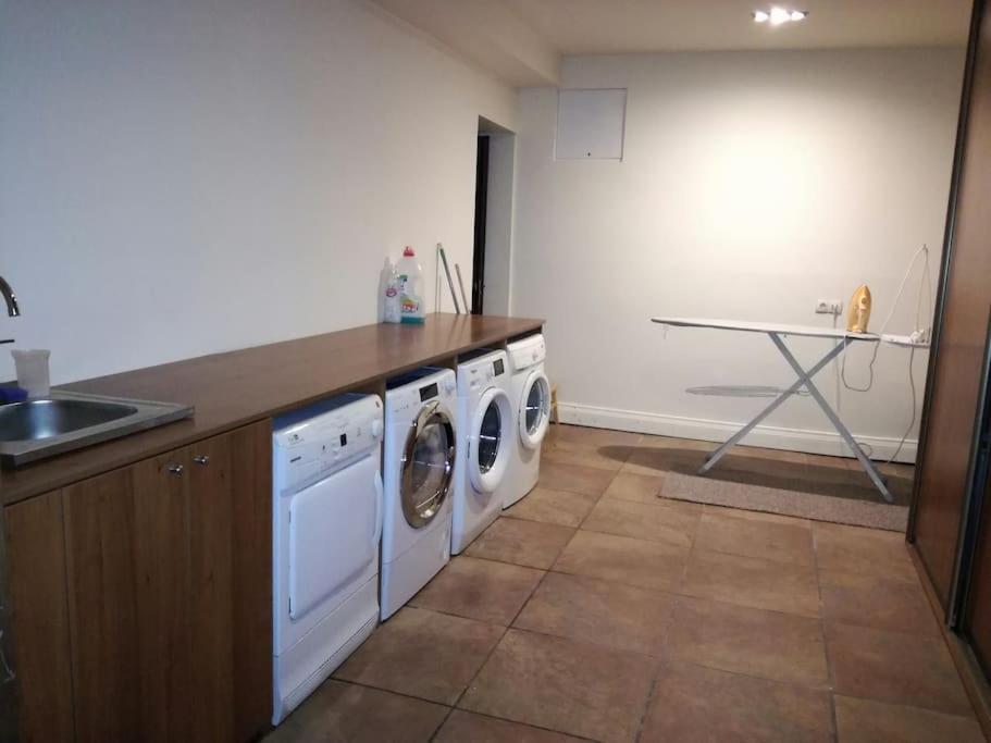 a kitchen with a washing machine and a sink at Forest apartment in the loop of the river Neris in Verkšonys