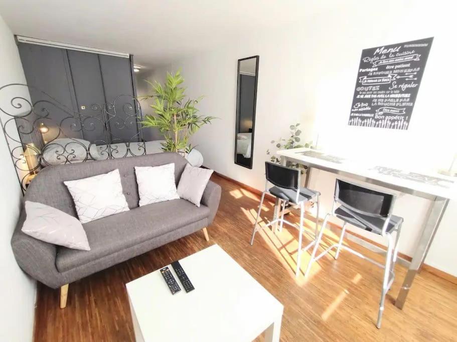 un salon avec un canapé gris et une table dans l'établissement Studio HYPER Centre à 2 min du Vieux Port, à Marseille