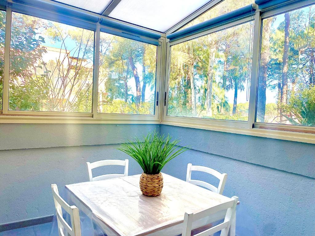 a dining room with a table with a plant on it at Appart CLIM , WIFI, PLAGE 200 mètres in Argelès-sur-Mer