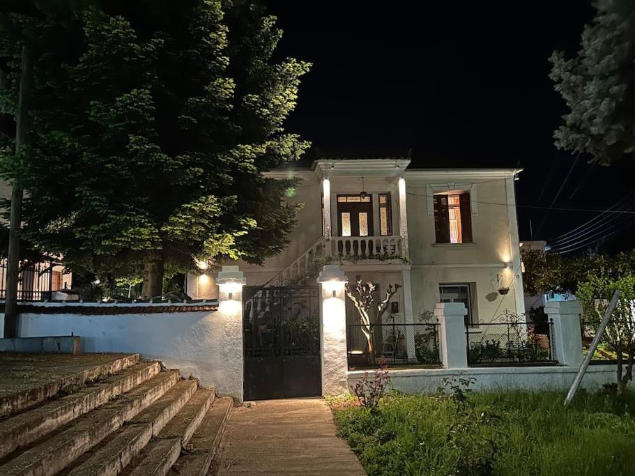 une maison blanche avec un portail la nuit dans l'établissement La Casa di Rena, à Ano Poroia