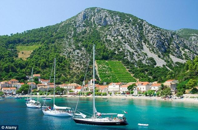 a group of boats in the water near a mountain at Studio Apartment Lile in Trstenik