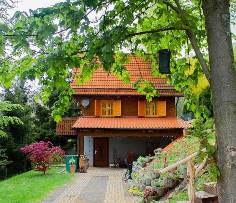 una casa con tetto piastrellato arancione e vialetto di Ferienhaus für 4 Pers mit Kamin, Sauna, Balkon a Sonneberg