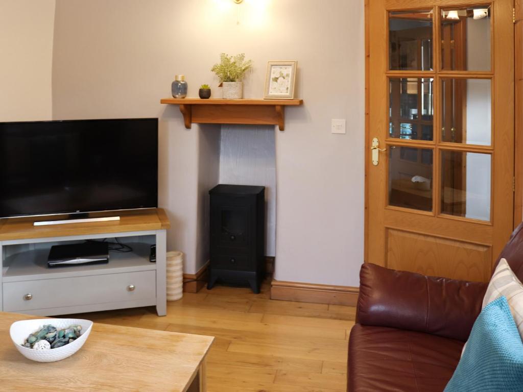 a living room with a television and a fire place at Glanllyn Lodge in Llanuwchllyn