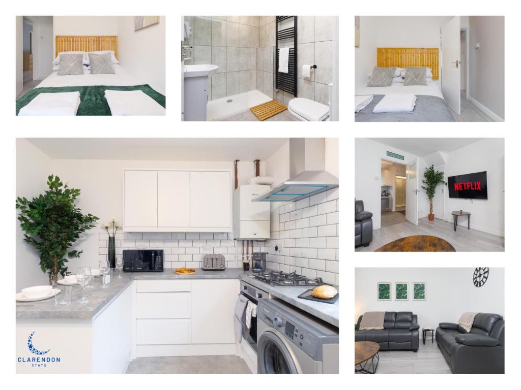 a collage of photos of a kitchen and a bedroom at 3BR Home with Driveway Leamington Spa Town Centre in Leamington Spa