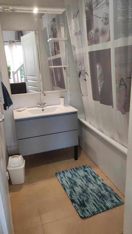 W łazience znajduje się umywalka, lustro i toaleta. w obiekcie Jasse 632 w mieście Gallargues-Le-Montueux