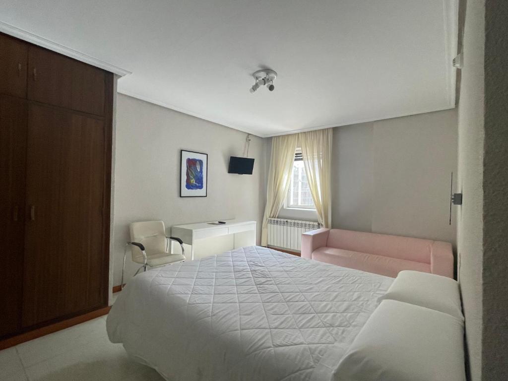 1 dormitorio con cama, escritorio y ventana en Hostal Ochoa, en San Adrián
