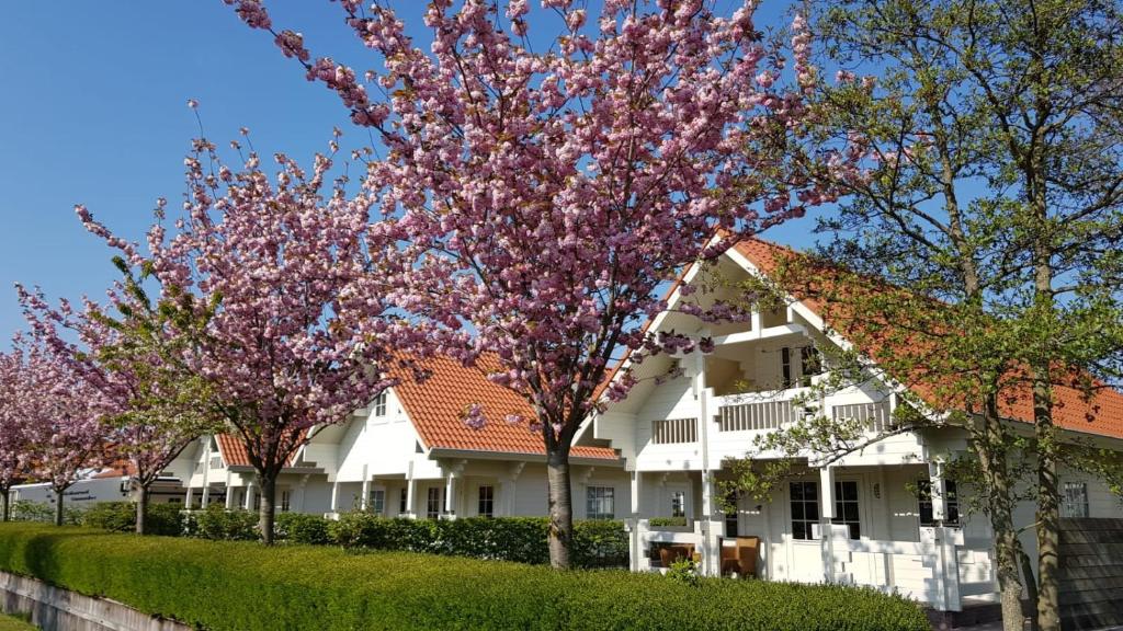 a white house with trees in front of it at Holiday Park Dennenbos in Oostkapelle