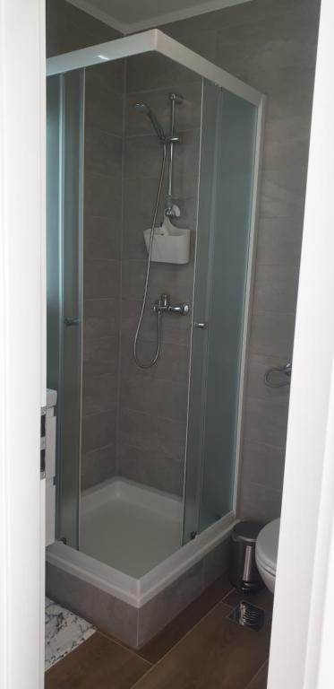 a shower with a glass door in a bathroom at Apartman Klara in Osijek