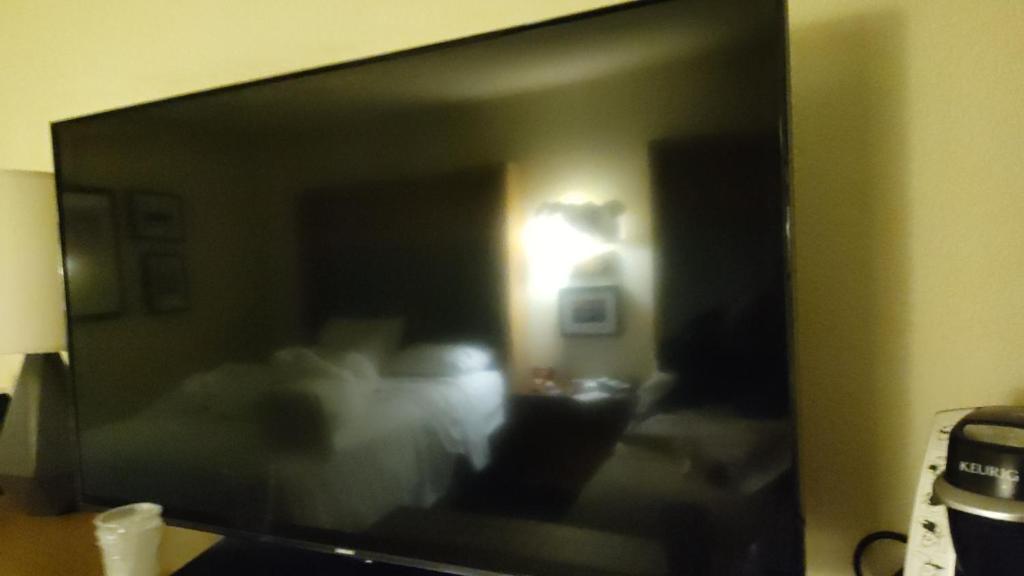 una pantalla de televisión con una imagen borrosa de una habitación en Slinger Suites en Hendersonville