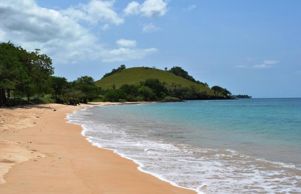 a beach with a green hill in the distance at Beachbungalows STP in M. Peixe