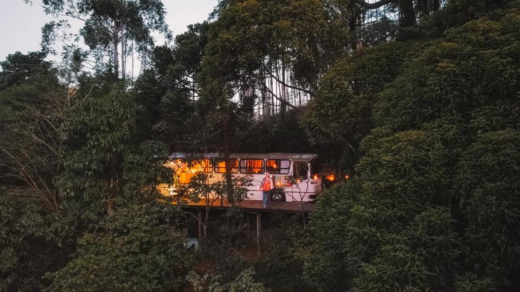 una casa con luces en medio de un bosque en Ônibus Retrô - Domingos Martins/ES en Domingos Martins