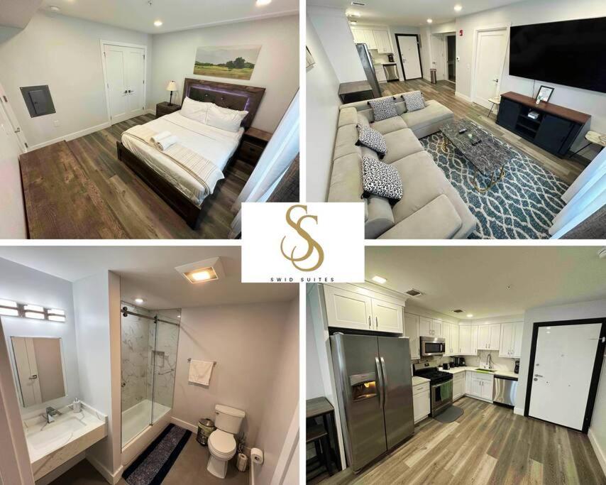 a collage of photos of a bedroom and a living room at The Chic Suite - 1BR with Luxe Amenities in Paterson