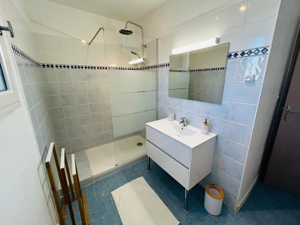 y baño blanco con lavabo y ducha. en Appartement Jas du Cassoir BRAS-D'ASSE en La Bégude-Blanche