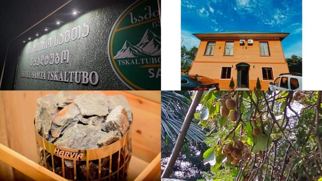 a collage of pictures with a house and a rock at Hotel Samta in Tsqaltubo