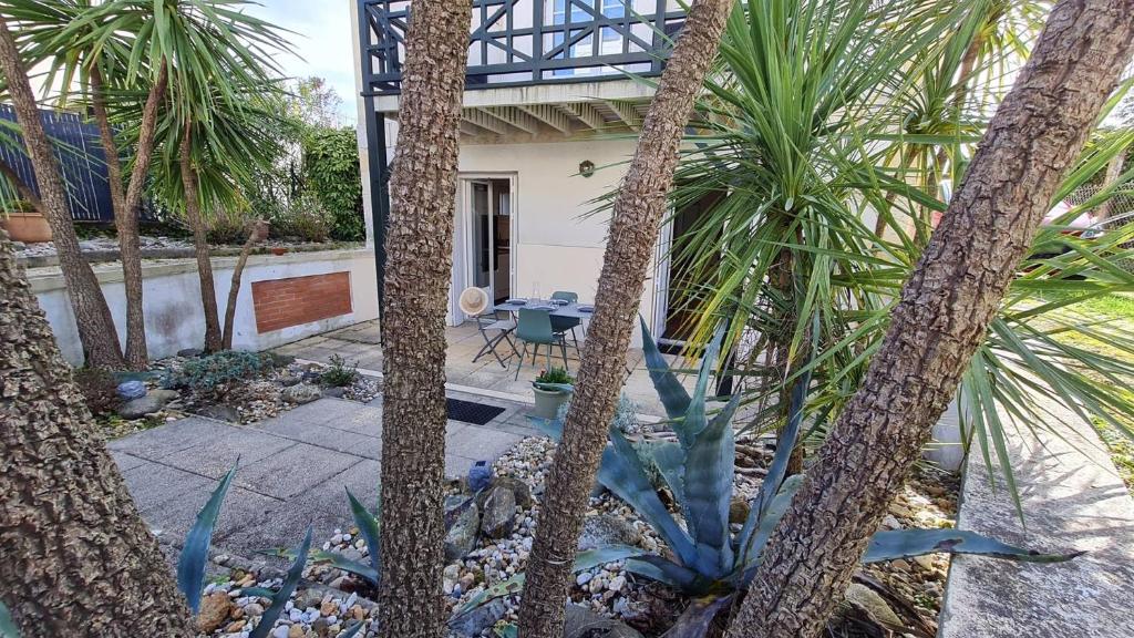 einen Garten mit Palmen und eine Terrasse mit einem Tisch in der Unterkunft Royan - AMBIANCE COSY pour cet APPARTEMENT en rez-de-chaussée - TOUT A PIED in Royan